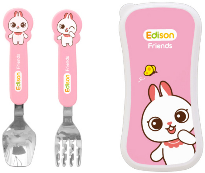 에디슨 프렌즈 스푼포크 케이스세트 스텐 수저 베이비 남아 여아 아기 유아 어린이 2세, 토끼래니, 스푼+포크+케이스, 1개