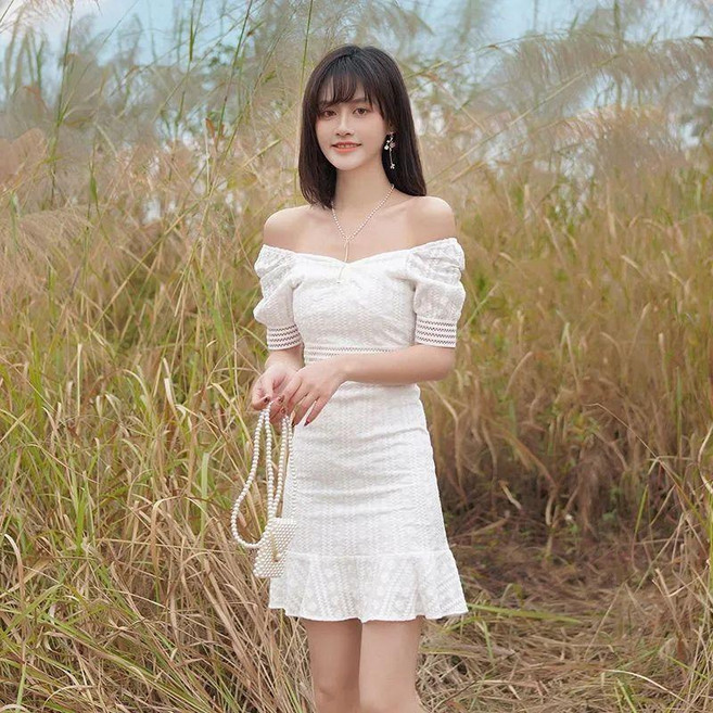 方領連衣裙女夏天新款顯瘦長裙子赫本風蕾絲小黑裙, 白色短裙 (棉魚尾),L 推薦52.5-57.5公斤, 白色