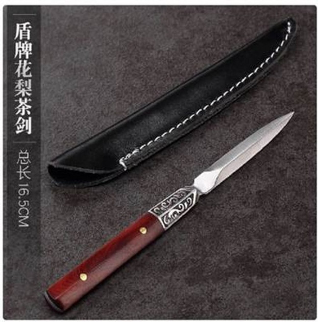 盾牌 花梨茶劍 總長16.5CM, 普洱茶刀不鏽鋼茶磚餅專用撬茶器工具茶具配件大馬士革開茶刀茶錐, 1個