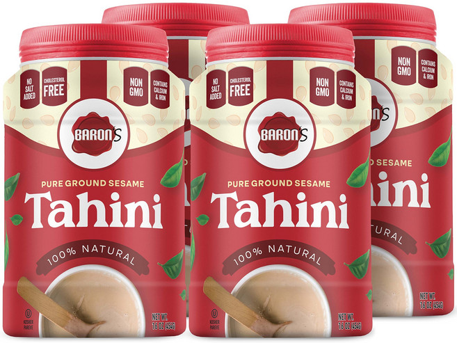 바론스 퓨어 타히니 참깨 페이스트 | 후무스 딥 소스용 Baron's Kosher 100% Pure Ground Sesame Tahini 16-ounce Jars (1 Pou, 1파운드(4팩), 1개, 454g