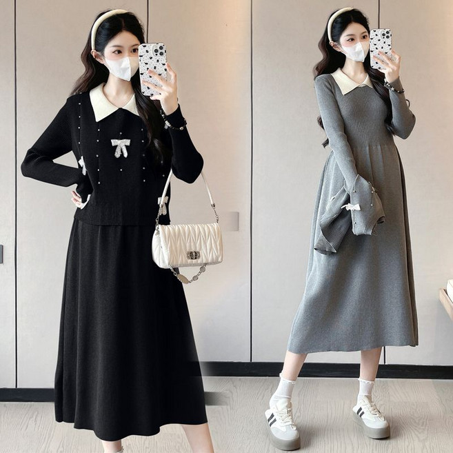 임산부 겨울 스커트 세트 가을 겨울 리본 디테일 임부 베스트 + 원피스 투피스 JS