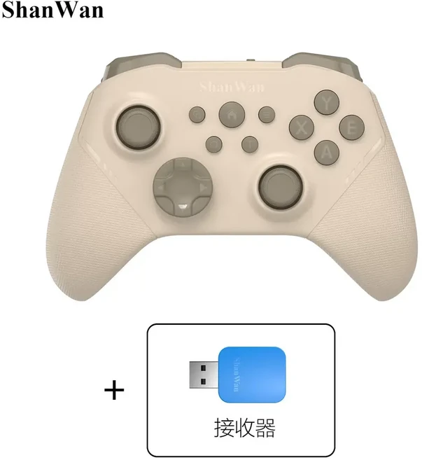 ShanWan 經典Xbox佈局 藍芽無線遊戲手柄 三模連線 六軸陀螺儀 霍爾搖桿, Q34B米黃初雪 接收器, 1個, T4N