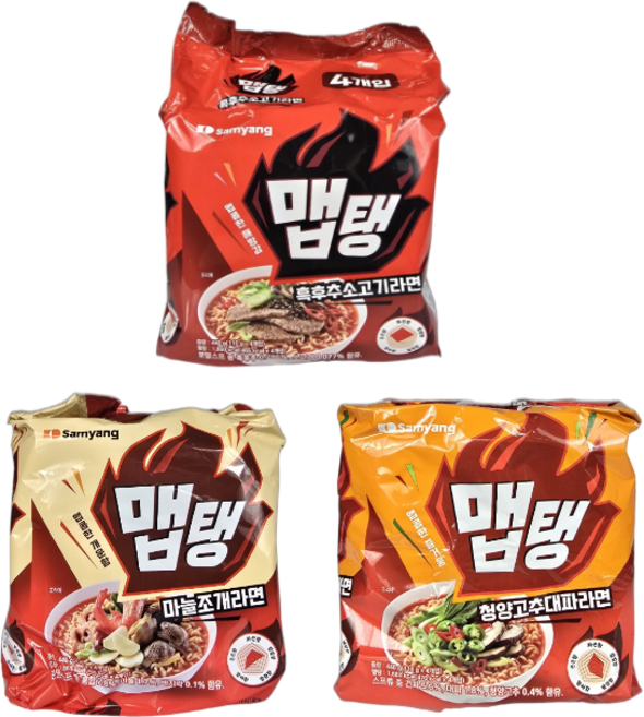봉지라면 삼양 맵탱 3종 (맵탱마늘조개4 맵탱흑후추소고기4 맵탱청양고추대파4), 12개