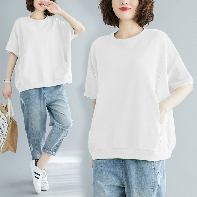 쁘띠꼬모 여성 루즈핏 맨투맨 반팔티 빅사이즈 반팔 티셔츠 W540911
