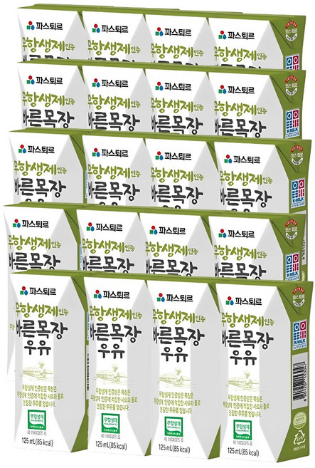 파스퇴르 무항생제 인증 바른목장 우유, 125ml, 20개