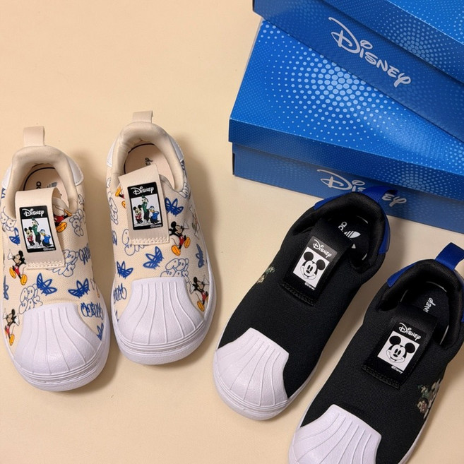 아디다스 슈퍼스타 블랙 아이보리 슬립온 토들러 키즈 디즈니 미키마우스 귀여운 아이 운동화