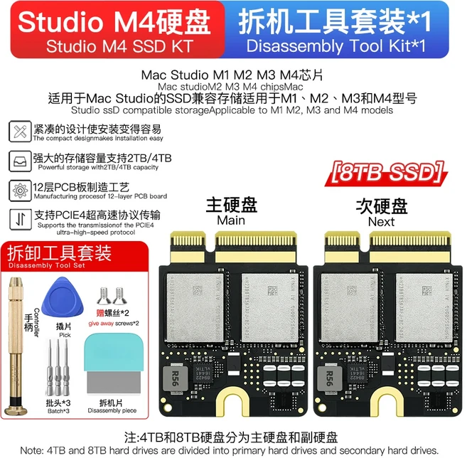 미니 PC4TB 하드 디스크 업그레이드 키트 소형 플레이트 Mac Studio SSD M1 M2 M3 M4 PRO MAX 용 울트라, 13 Studio M4 8TB Kit