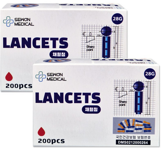 세원 란셋 사혈침 28G 200P 채혈침 니들 일회용 당 측정, 2개