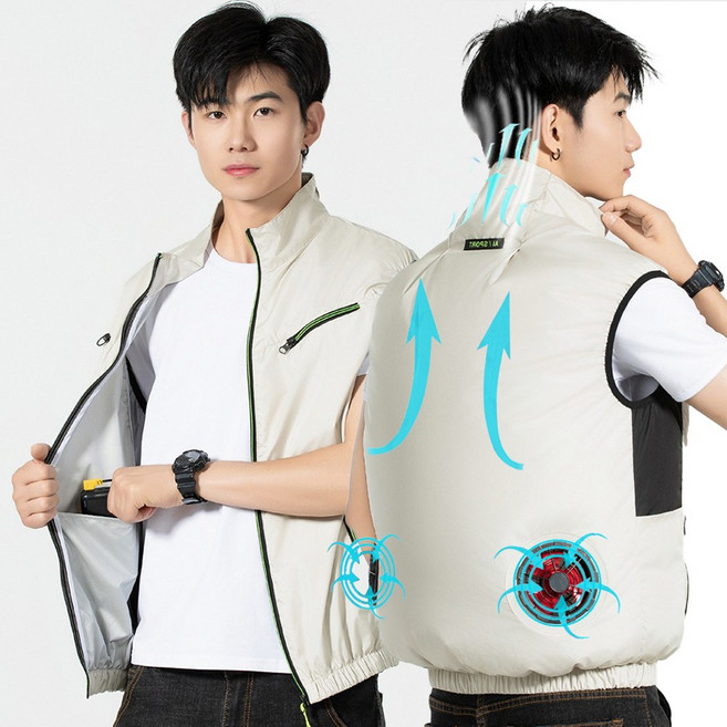 RYNOVEX 에어컨 선풍기 조끼 오토바이 배달 라이더 여름 에어 쿨링 바람 5V 3단 조절, 연베이지