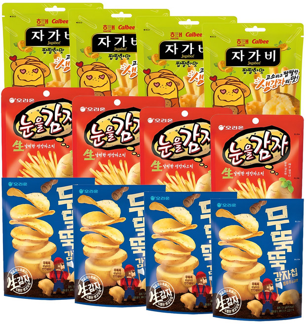 씩씩가게 자가비 + 눈을감자 무뚝뚝 4봉씩 총 12봉 자가비짭짤한맛 무뚝뚝감자칩 감자칩 감자스틱 감자과자 간식, 1세트, 56g