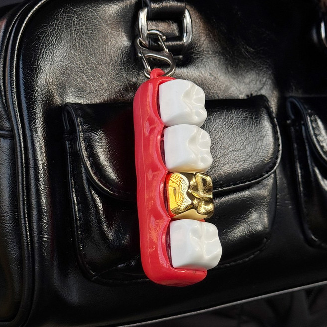 치아 키캡 키링 키보드키링 클릭커, 1개, 4구 (흰니4개 +금니1개) 치아 키캡톡