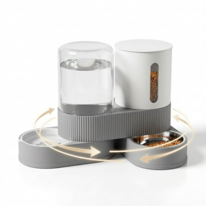 onthetem 반려동물 대용량 반자동 급식기 급수기 투인원 360도 회전, 1개, 그레이