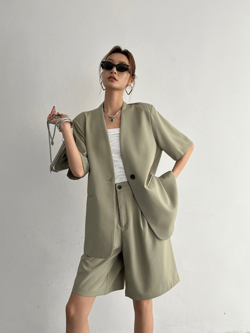 여름 여자 정장 투피스 기질 얇은 브이넥 반팔 정장 코트 와이드 반바지 여성 캐주얼 세트 LCL