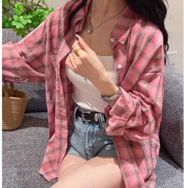 쌍천 여성 여름 핑크 체크 자외선 차단 셔츠 나른한 루즈핏 날씬해 보이는 여름 얇은 코트