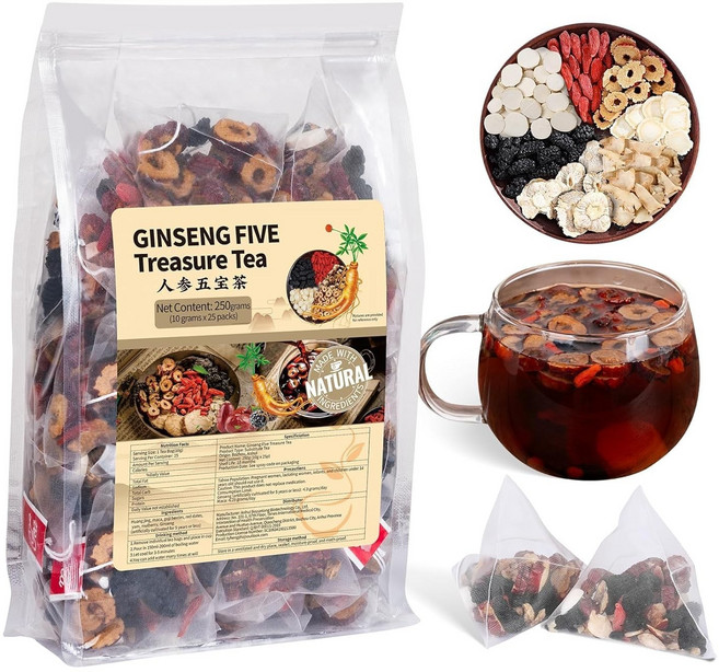 Ginseng Five Treasures Kidney Tea 인삼 오보차 신장차 신장에 좋은 차 남성차 남성용 티백 전통 중국 한방 티백, 1개, 250g