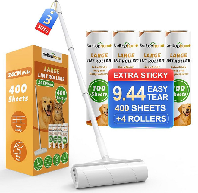 린트 롤러 스티키 반려동물 800장 카펫 고양이 손잡이 엑스트라 밸류 4개 가구용 털용, 4 Pack Floor Roller