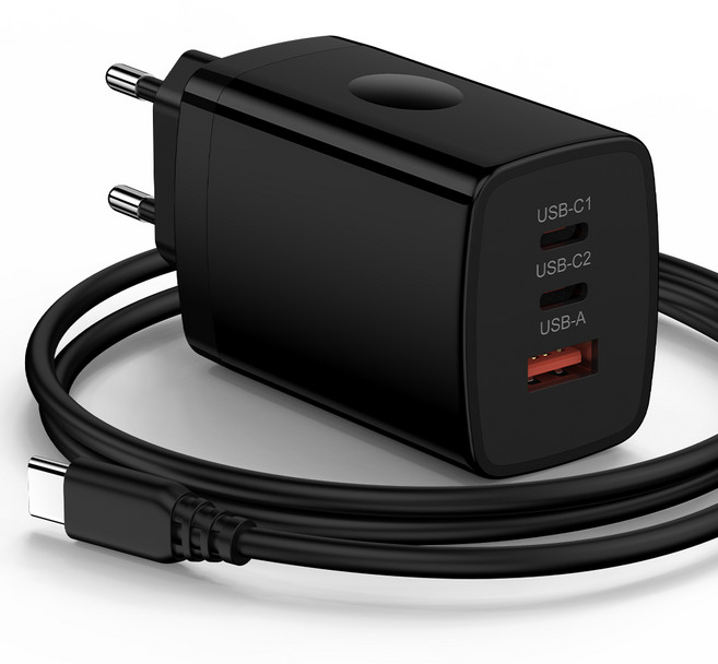 ANNIBER PD3.0 PPS2.0 65W C타입 GaN 3포트 초고속 멀티충전기+PD 60W 충전 케이블 아이폰17 삼성 갤러시S25/24 Z폴드7/6/5 Z플립7/6/5 호환, 1세트, 블랙