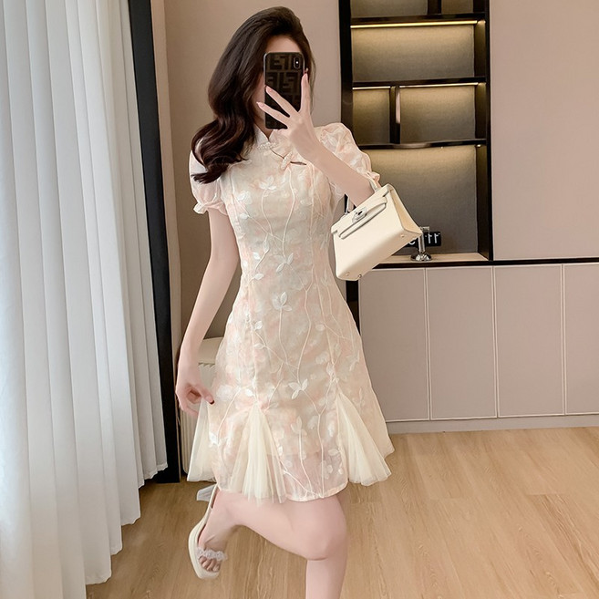 DIU 連衣裙新中式刺繡欲風超仙氣質收腰少女改良旗袍裙, XL