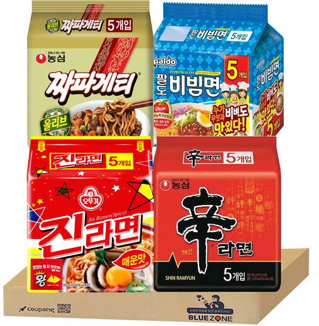 [블루존] 오뚜기 농심 팔도 봉지라면4종세트 (신라면5P + 진라면 5P + 짜파게티5P+ 팔도비빔면5P) + 라면스프, 1세트