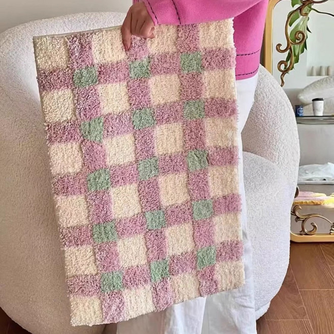 심플리베스트 3초흡수 빨아쓰는 호텔식 캐시미어 화장실 주방 욕실 발매트, 1개, 노르딕체크 핑크x민트