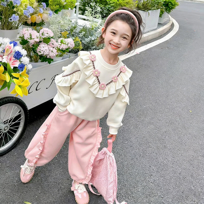 ZPEIZ 여아 봄 가을 긴팔 여아상하복 꽃 프릴 세트 캐주얼 맨투맨 바지 상하복 세트