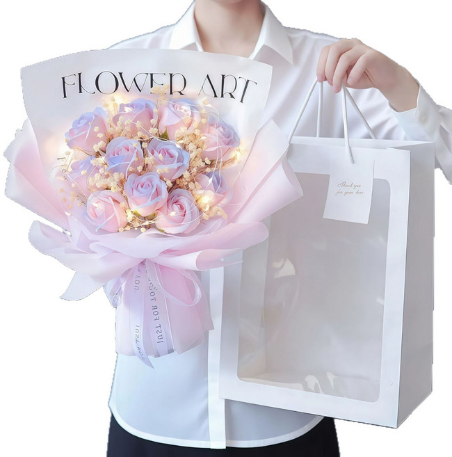 碎冰藍玫瑰花永生花滿天星乾花束七夕聖誕情人節生日禮物送女朋友, 11朵碎冰粉 滿天星  手提袋燈串賀卡:1個