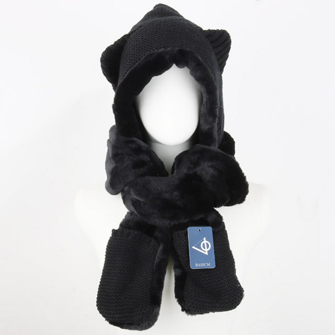 베이직엠 겨울 곰돌이귀 후드모자 니트 긴끈머플러