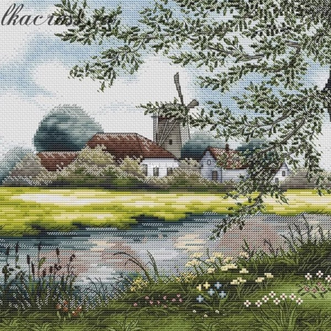 시골 풍경 실 십자수 패키지 (도안+원단+실+바늘), 혼합색상, 1개
