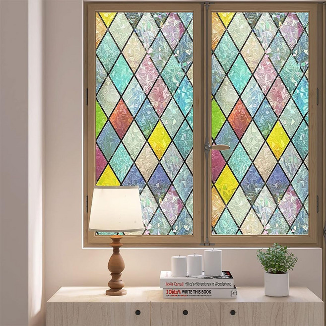 SAIVEINA 자외선 차단 사생활 보호 화장실 유리 창문용 무점착 창문시트지 흔적없이 간편제거 반복 사용가능 물로 붙이는 글라스시트지 스테인드글라스 시트지 90CMX400CM, 무지게 마름모