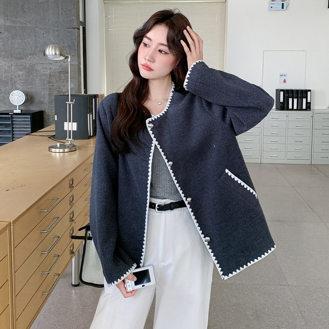 [웨일쓰] 여성 트위드 노카라 단추 봄가을 자켓 캐주얼 루즈핏 바람막이 재킷 출근룩 면접 아우터