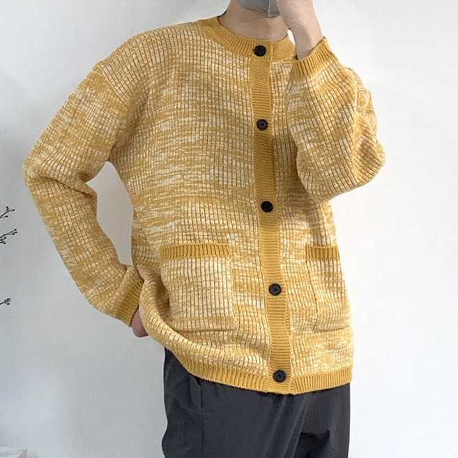 오마보이 남자 라운드넥 화이트 믹스짜임 가디건