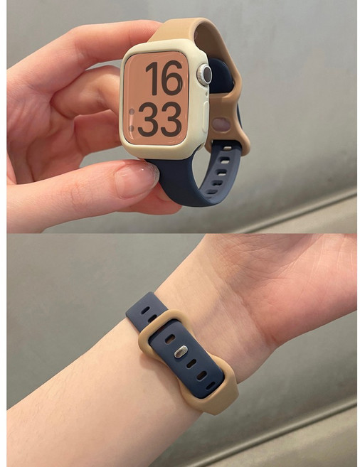 애플워치밴드 풀세트 1+1] 투톤 실리콘 밴드+초슬림 케이스 / 5컬러 / 40&41mm+44&45mm 호환 땀방지+미끄럼방지 초슬림 실리콘 도파민 컬러 걸리시 스타일, 애플워치 8 / 7(41mm), 살구색 케이스[밀크티+블루그레이]