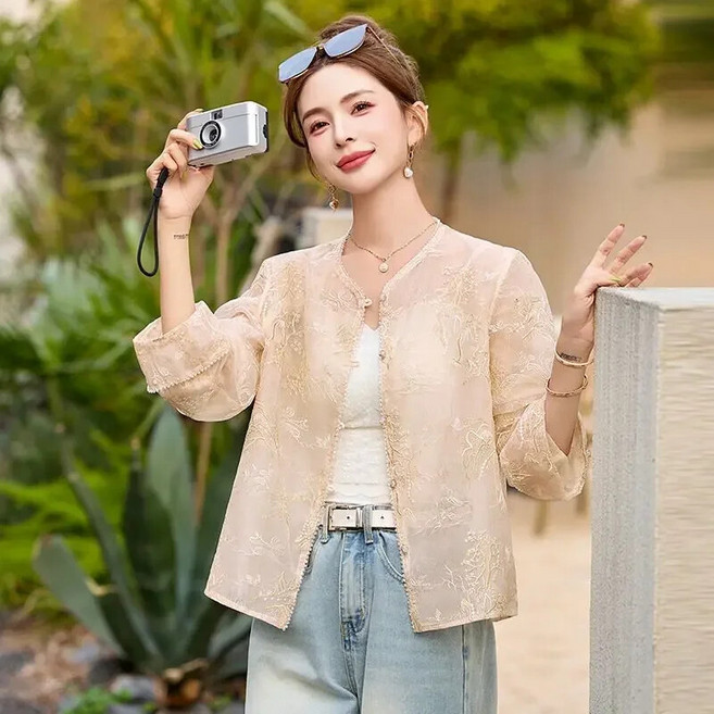 여자점퍼 바람막이 자수 쇼트 코트 여름 얇은 비즈 오간자 자외선 차단 상의 원템2