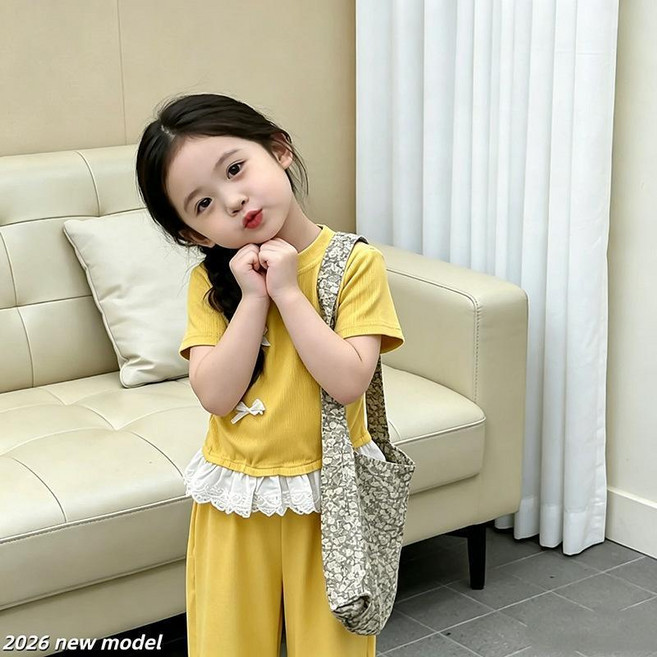 女童蝴蝶結短袖夏裝套裝 兒童甜美拼接花邊T恤闊腿褲兩件套