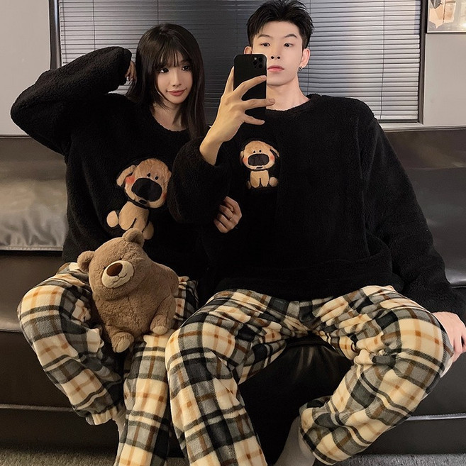 ANYOU 겨울 커플 잠옷 귀여운 강아지 홈웨어 세트 신혼부부 세트 따뜻한 플란넬 잠옷