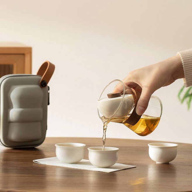 회전 여과기 포함 휴대용 내열 유리 찻주전자 세트 집과 캠핑, 화이트, 찻주전자+3찻잔 케이스, 1세트