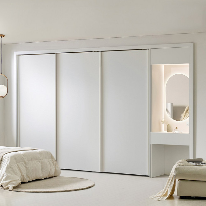 보루네오 화장대 슬라이딩 붙박이장 390cm 13자 E0등급 PET, 웜베이지