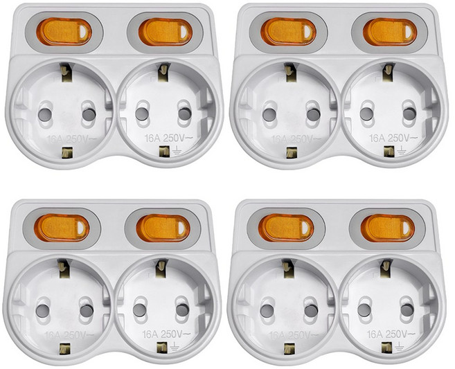 국산 안전 인증 절전 L자 2구 어댑터 16A 멀티탭 신성, 화이트, 4개, 9cm