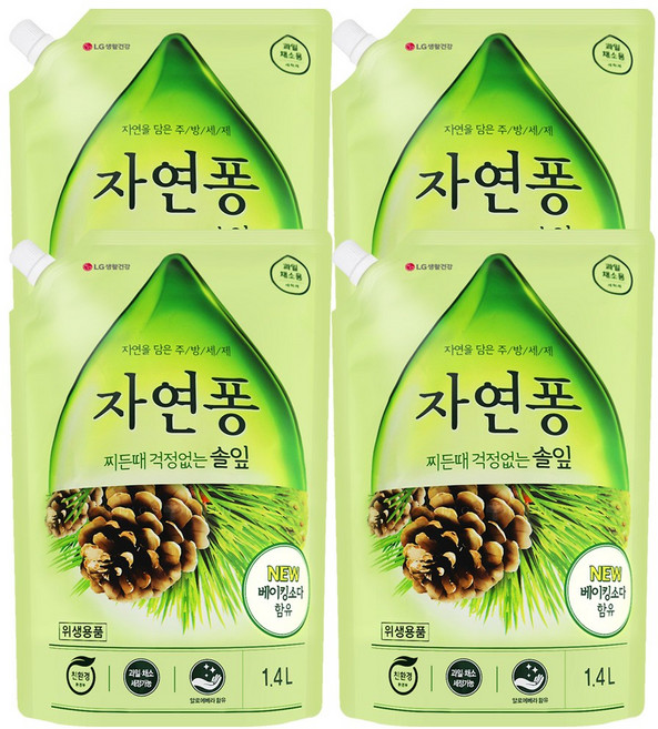 자연퐁 찌든때 걱정없는 솔잎 주방세제 파우치형, 1.4L, 4개
