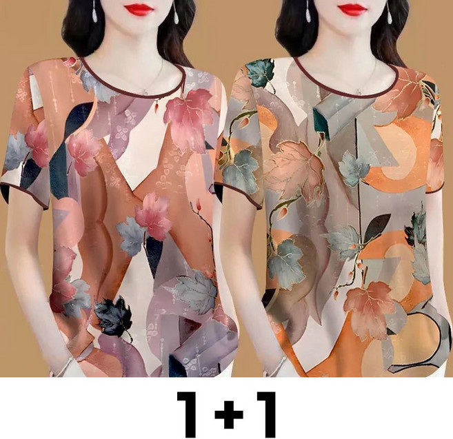 메인워크 1+1 중년 여성 빅사이즈 라운드넥 반팔 티셔츠 여름용 엄마옷 냉장고 프린트 레깅스 데일리 패션 풀오버 아우터 블라우스 2매입