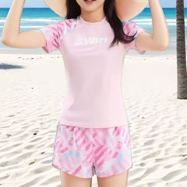 besteffie 여아 아동 반팔 반바지 수영복 세트 통기성 편안한 썸머 비치웨어 14세 이상