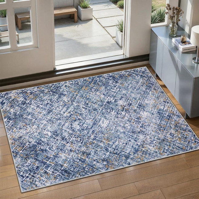 Tangsoo 4x6 Washable Area Rug Modern Non Slip Indoor Rugs for Living Room Abstract Contemporary, Blue/White