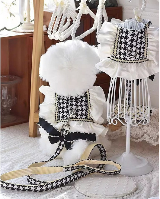 FULIBS 트위드 체크 강아지 하네스옷 세트 애견가슴줄, 화이트, 1개