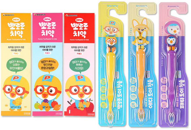 뽀로로 치약 3종(파인애플향/혼합과일향/사과향) + 뽀로로와 친구들 칫솔, 1세트, 6개입, 뽀로로+에디+패티