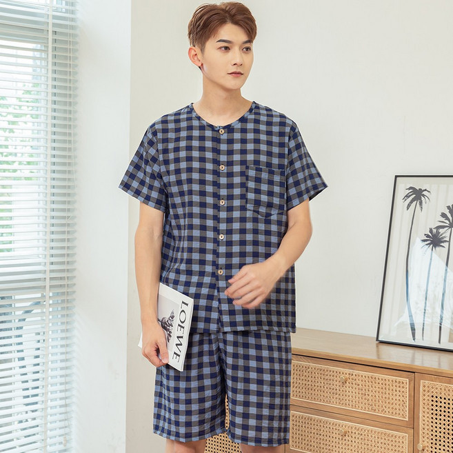 남성 인견 잠옷 체크 상하의 반팔세트