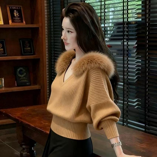 페이준 여성 가을 겨울 성숙 섹시 브이넥 숏 니트 패션 허리 타이트 퍼 넥 스웨터 YJ11239