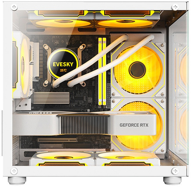 EVESKY 電競機殼，內附三風扇、側透海景房設計、MATX 電腦主機殼, 1個, 白色