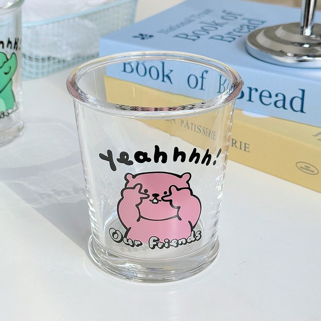 韓國可愛玻璃ins燒酒杯 卡通咖啡杯 牛奶杯 印花高顏值家用小杯子, 1個, 比耶海狸玻璃杯