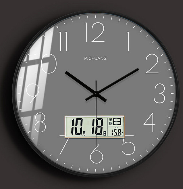 簡約創意靜音石英鐘 12英寸圓形客廳臥室壁鐘, LEDA337黑色,12英寸 直徑30cm 臥室