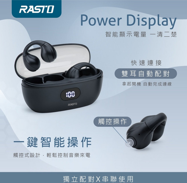 RASTO RS60 耳夾式氣傳導電量顯示真無線藍牙5.3耳機, 黑色